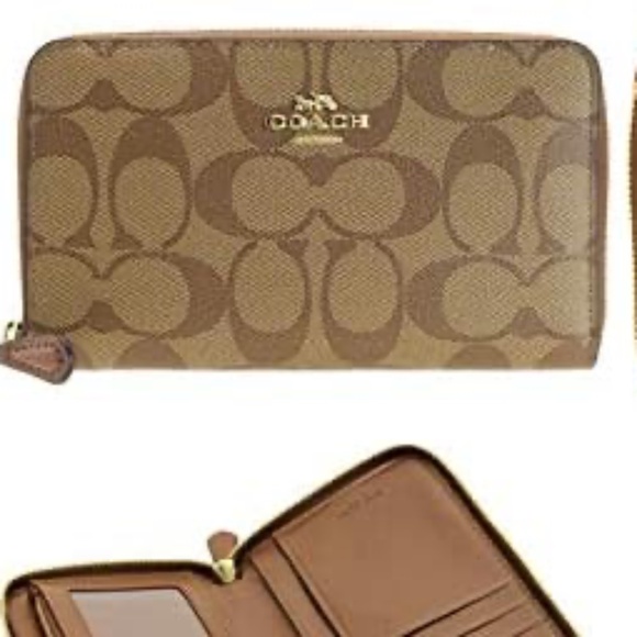 NWT Coach Medium Zip Around Signature Coated Canvas Wallet F88913 Khaki / Saddle - Picture 8 of 9